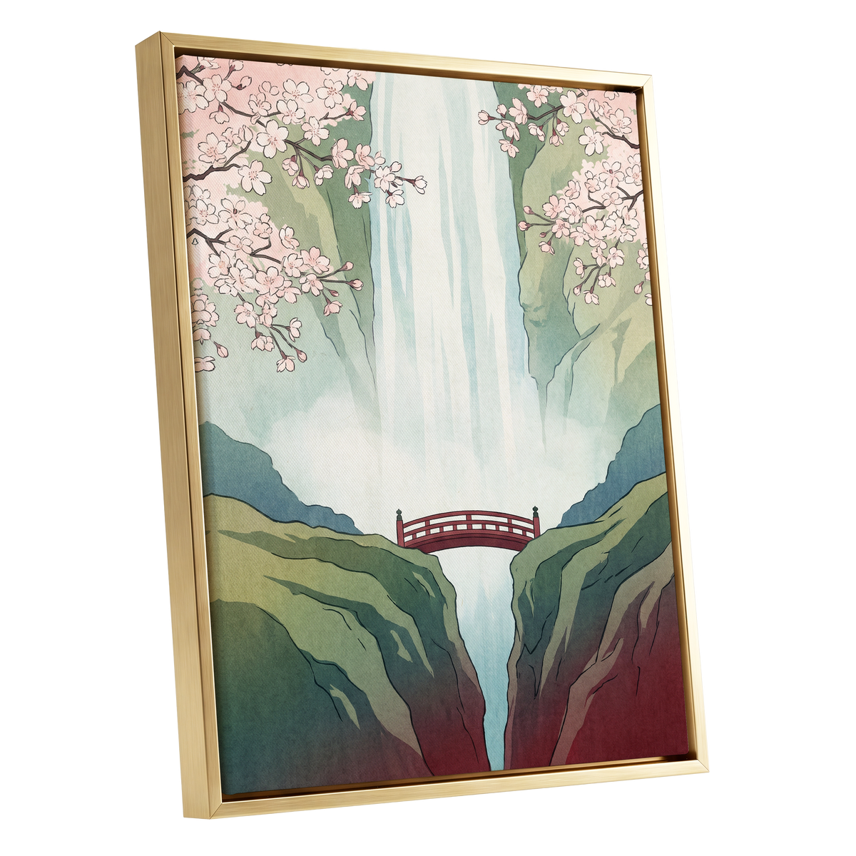 Blossomfall Bridge, green, blue, pink nature wall art shown as a gold framed canvas wall art