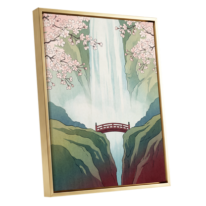 Blossomfall Bridge, green, blue, pink nature wall art shown as a gold framed canvas wall art