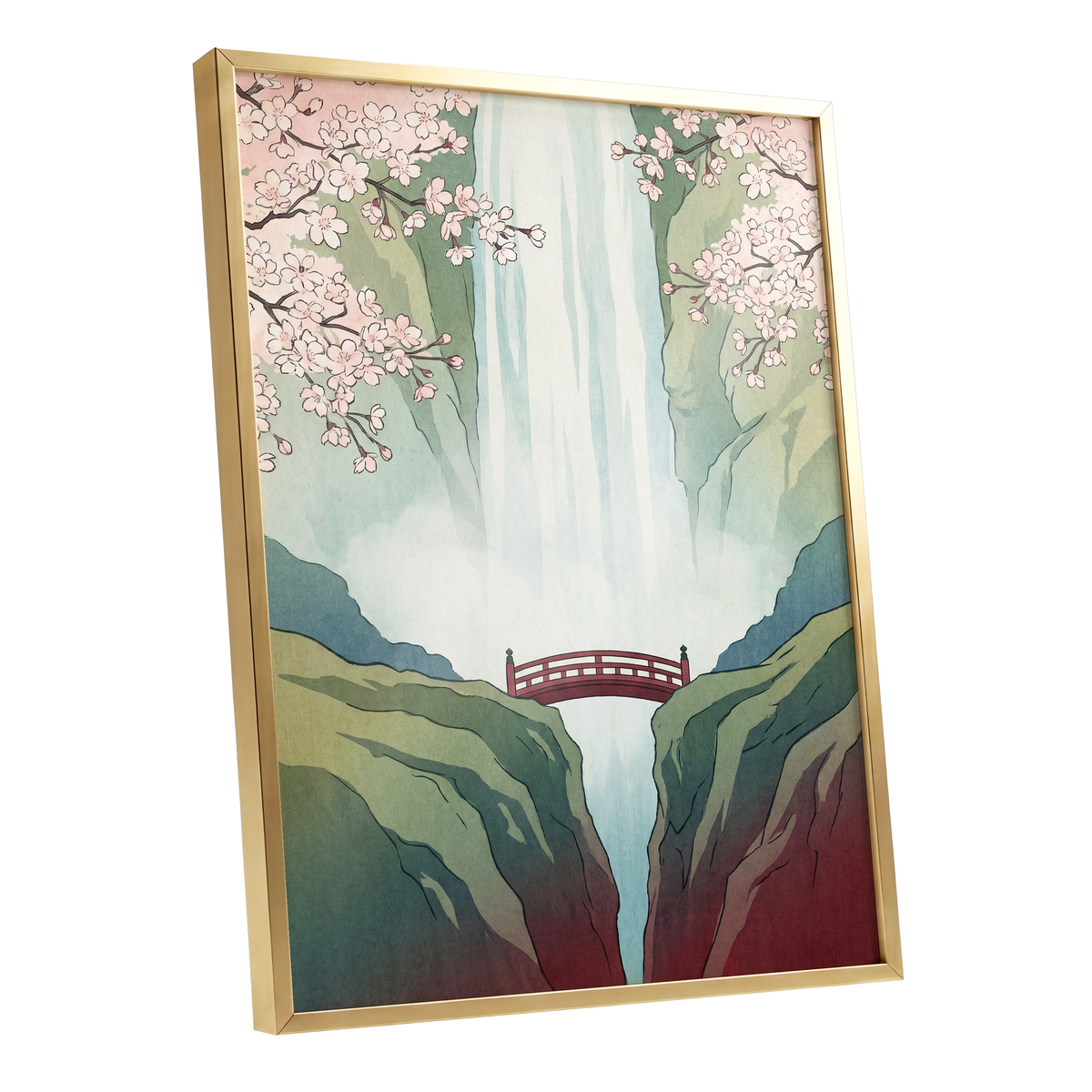 Blossomfall Bridge, green, blue, pink nature wall art shown as a gold framed poster wall art print