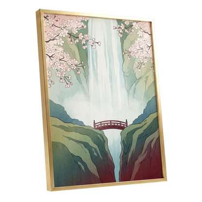 Blossomfall Bridge, green, blue, pink nature wall art shown as a gold framed poster wall art print