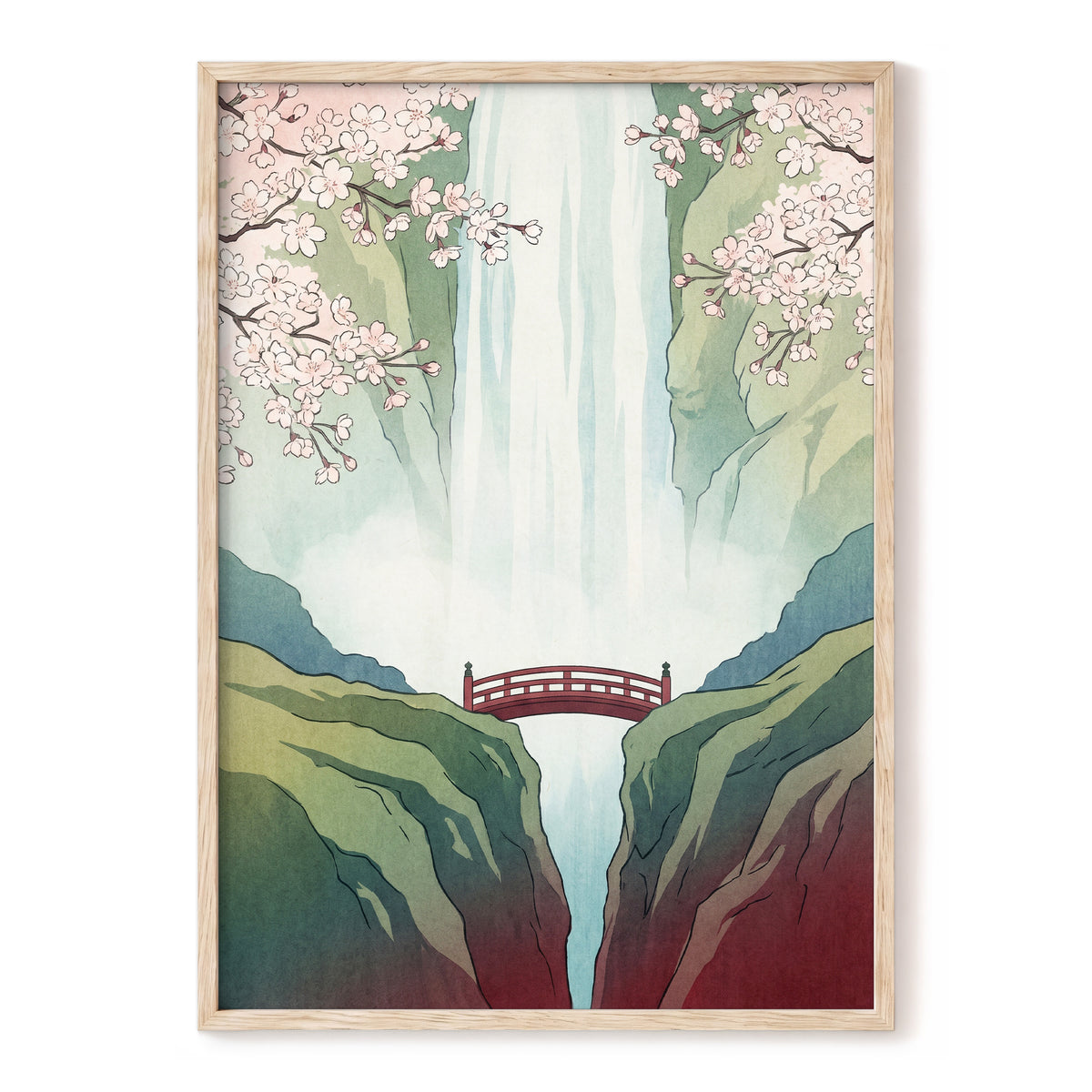 Blossomfall Bridge, green, blue, pink nature wall art, front artwork view