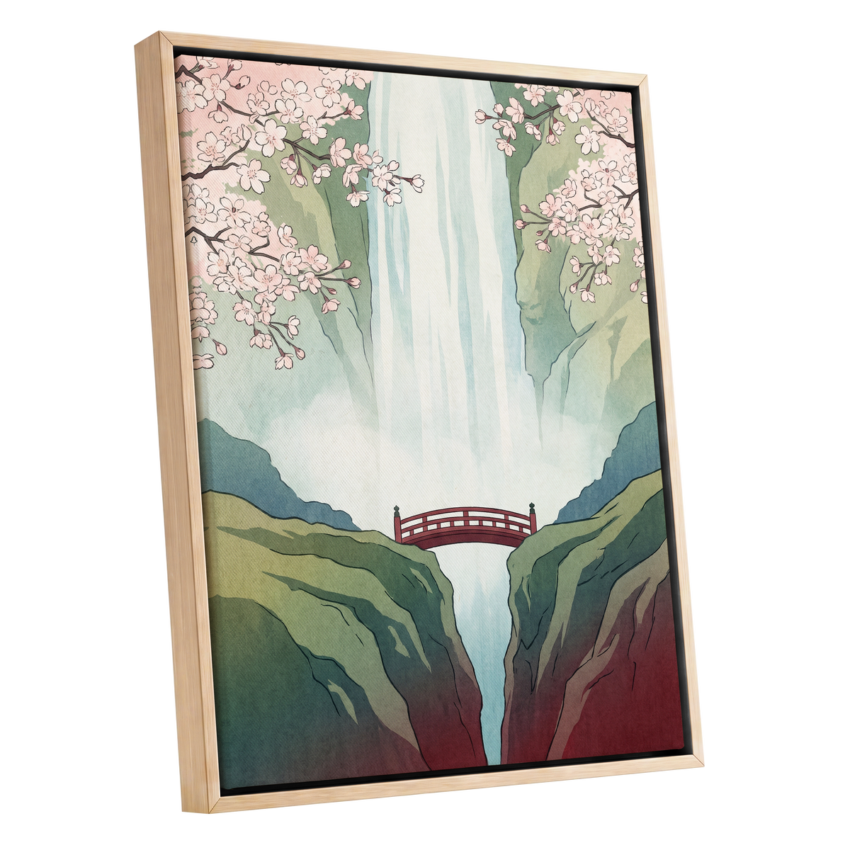 Blossomfall Bridge, green, blue, pink nature wall art shown as a oak framed canvas wall art
