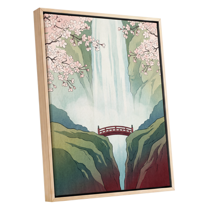 Blossomfall Bridge, green, blue, pink nature wall art shown as a oak framed canvas wall art