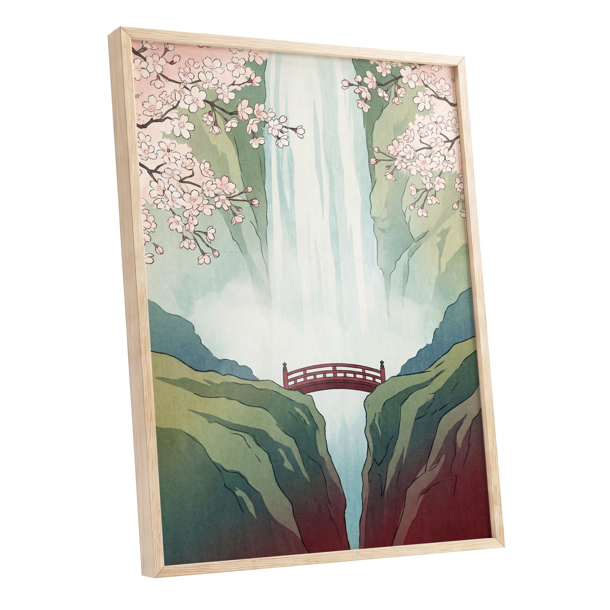 Blossomfall Bridge, green, blue, pink nature wall art shown as a oak framed poster wall art print