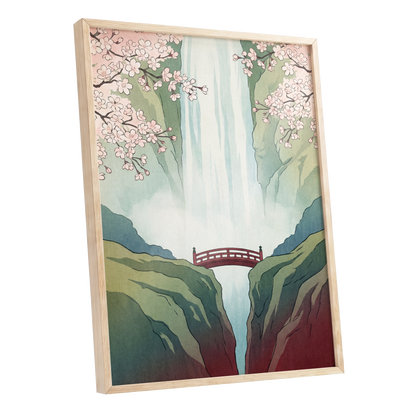 Blossomfall Bridge, green, blue, pink nature wall art shown as a oak framed poster wall art print