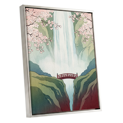 Blossomfall Bridge, green, blue, pink nature wall art shown as a silver framed canvas wall art