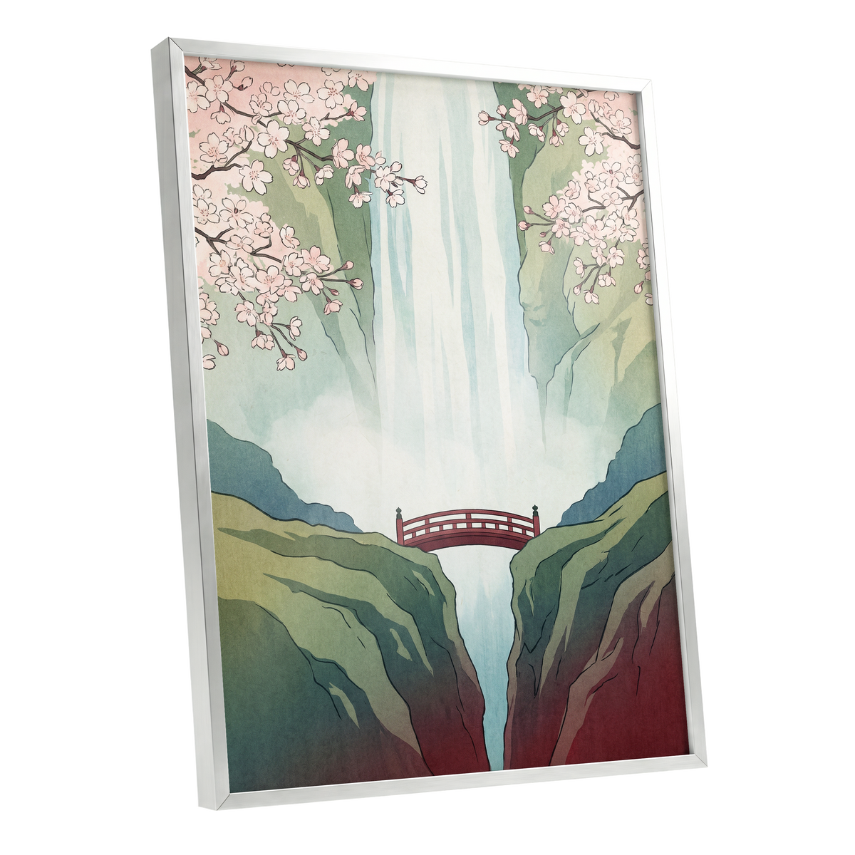 Blossomfall Bridge, green, blue, pink nature wall art shown as a silver framed poster wall art print