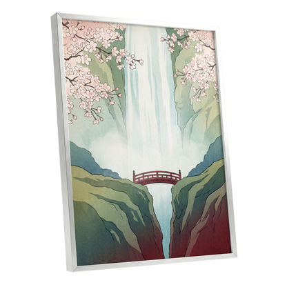 Blossomfall Bridge, green, blue, pink nature wall art shown as a silver framed poster wall art print