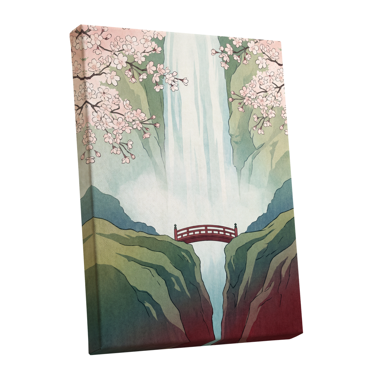 Blossomfall Bridge, green, blue, pink nature wall art shown as a stretched canvas wall art