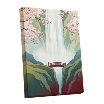 Blossomfall Bridge, green, blue, pink nature wall art shown as a stretched canvas wall art