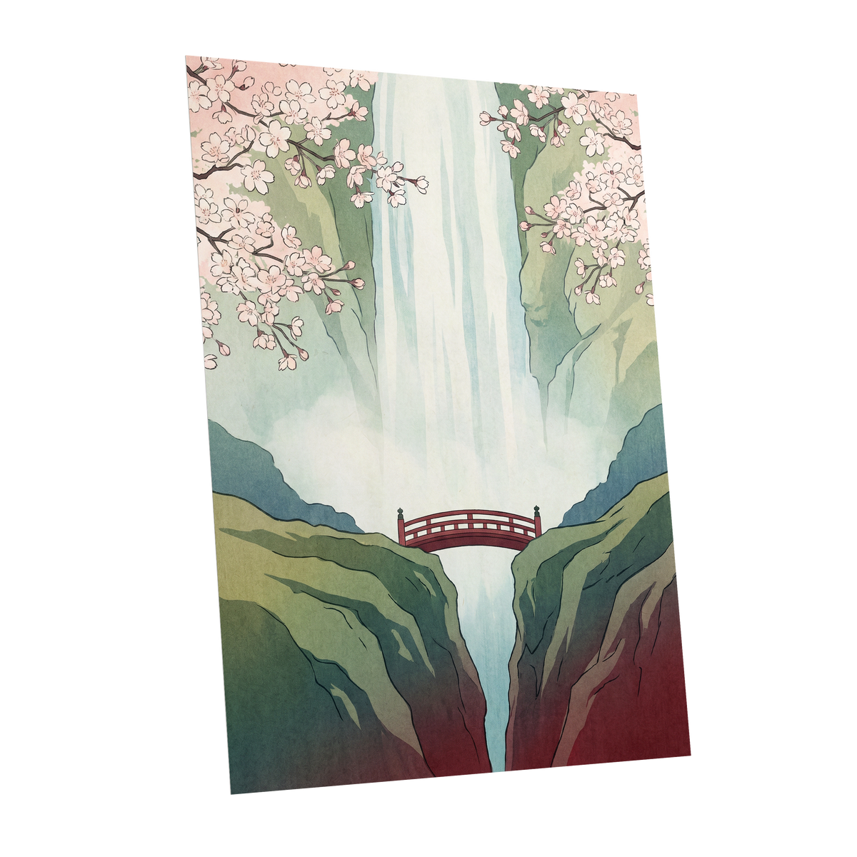 Blossomfall Bridge, green, blue, pink nature wall art shown as a unframed poster wall art print