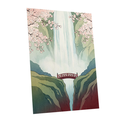 Blossomfall Bridge, green, blue, pink nature wall art shown as a unframed poster wall art print