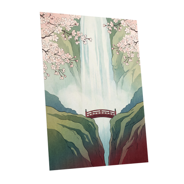 Blossomfall Bridge, green, blue, pink nature wall art shown as a unframed poster wall art print