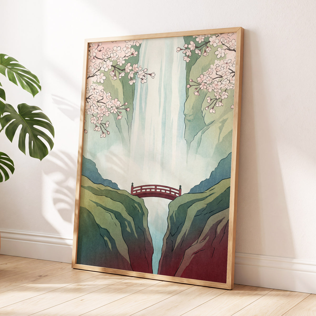 Blossomfall Bridge, green, blue, pink nature wall art displayed in a styled interior, gallery view 2
