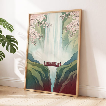 Blossomfall Bridge, green, blue, pink nature wall art displayed in a styled interior, gallery view 2