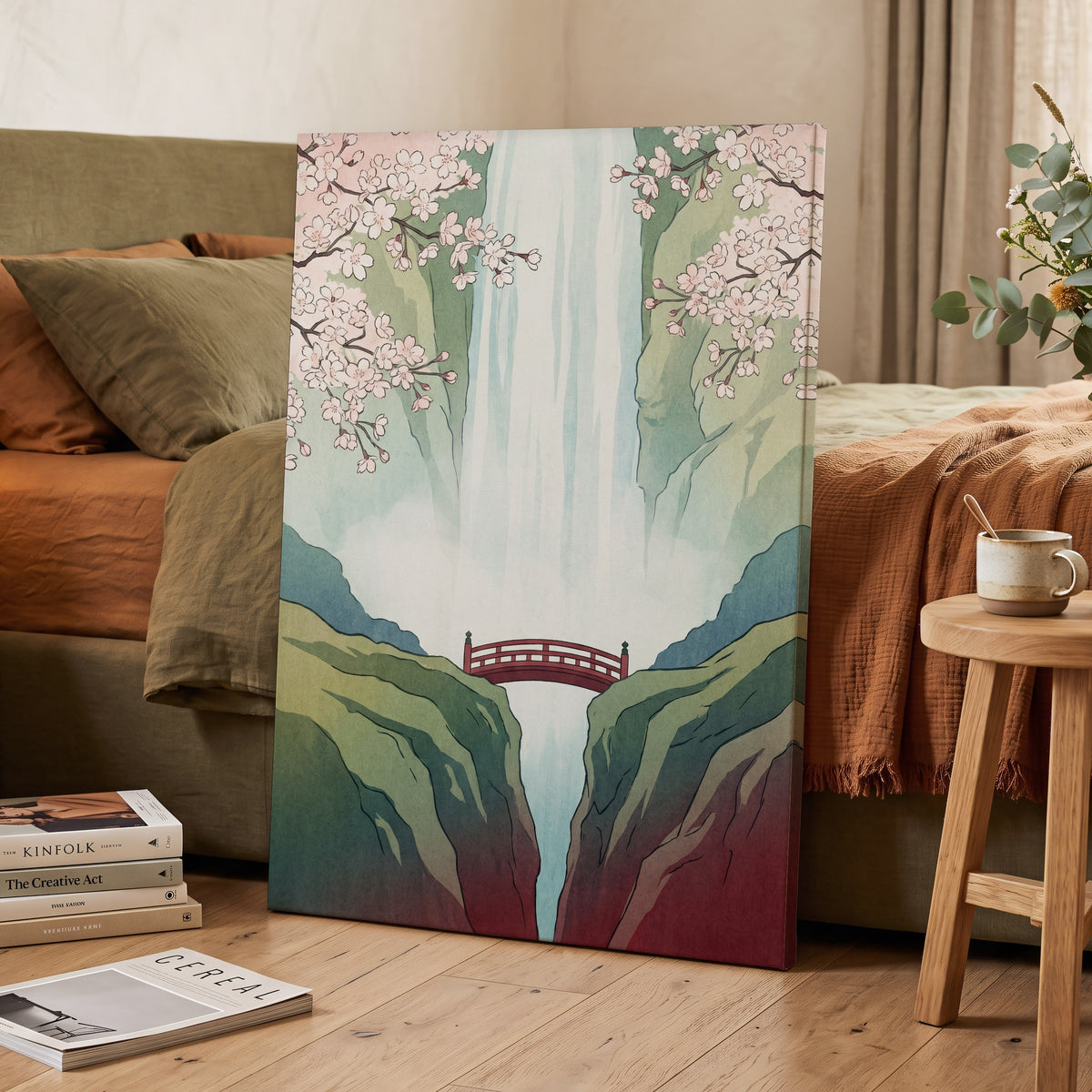 Blossomfall Bridge, green, blue, pink nature wall art displayed in a styled interior, gallery view 3