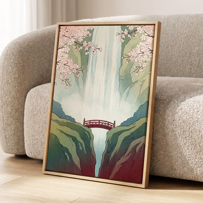 Blossomfall Bridge, green, blue, pink nature wall art displayed in a styled interior, gallery view 4
