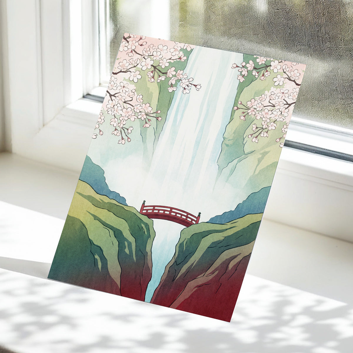 Blossomfall Bridge, green, blue, pink nature wall art displayed in a styled interior, gallery view 5