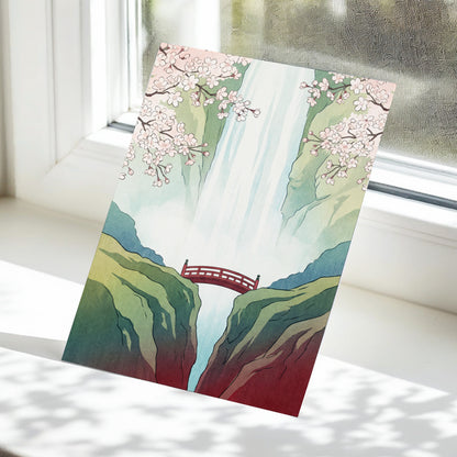Blossomfall Bridge, green, blue, pink nature wall art displayed in a styled interior, gallery view 5