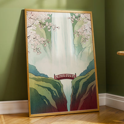 Blossomfall Bridge, green, blue, pink nature wall art displayed in a styled interior, gallery view 6
