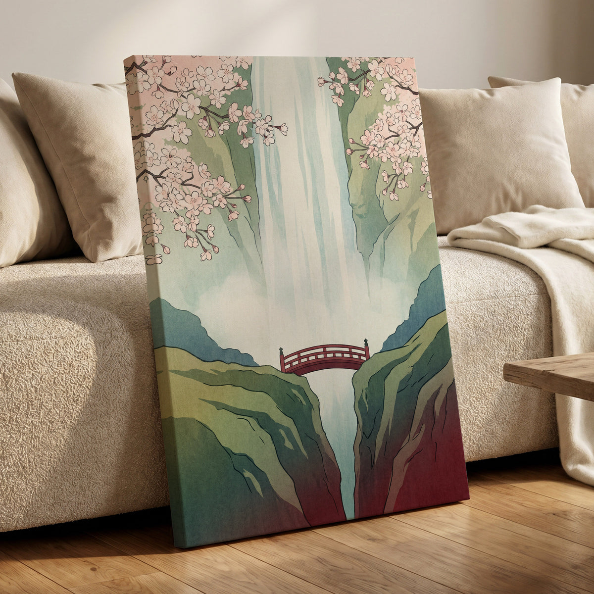 Blossomfall Bridge, green, blue, pink nature wall art displayed in a styled interior, gallery view 7