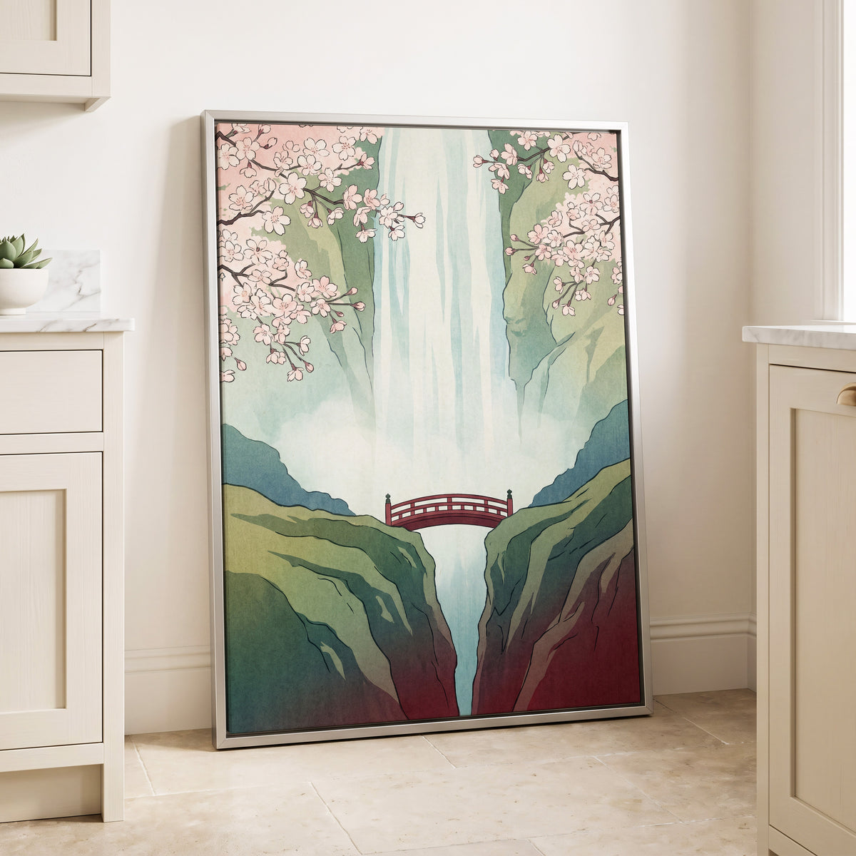 Blossomfall Bridge, green, blue, pink nature wall art displayed in a styled interior, gallery view 8
