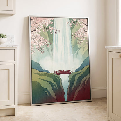 Blossomfall Bridge, green, blue, pink nature wall art displayed in a styled interior, gallery view 8