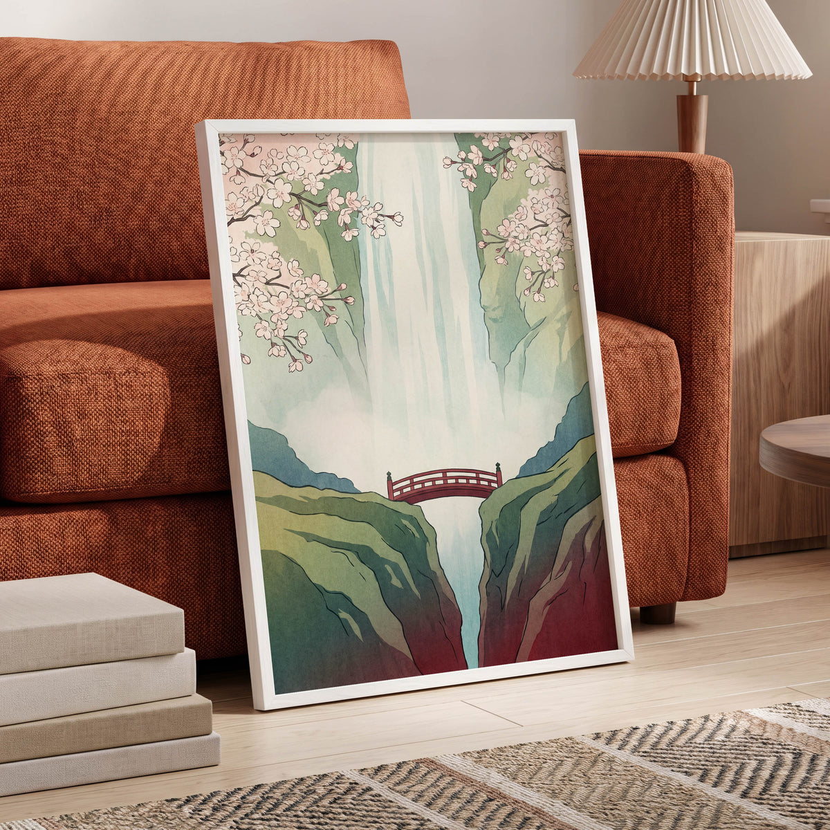 Blossomfall Bridge, green, blue, pink nature wall art displayed in a styled interior, gallery view 9