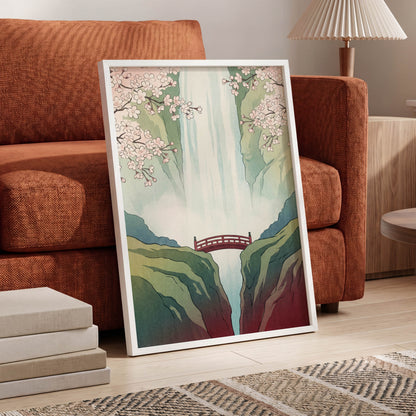 Blossomfall Bridge, green, blue, pink nature wall art displayed in a styled interior, gallery view 9