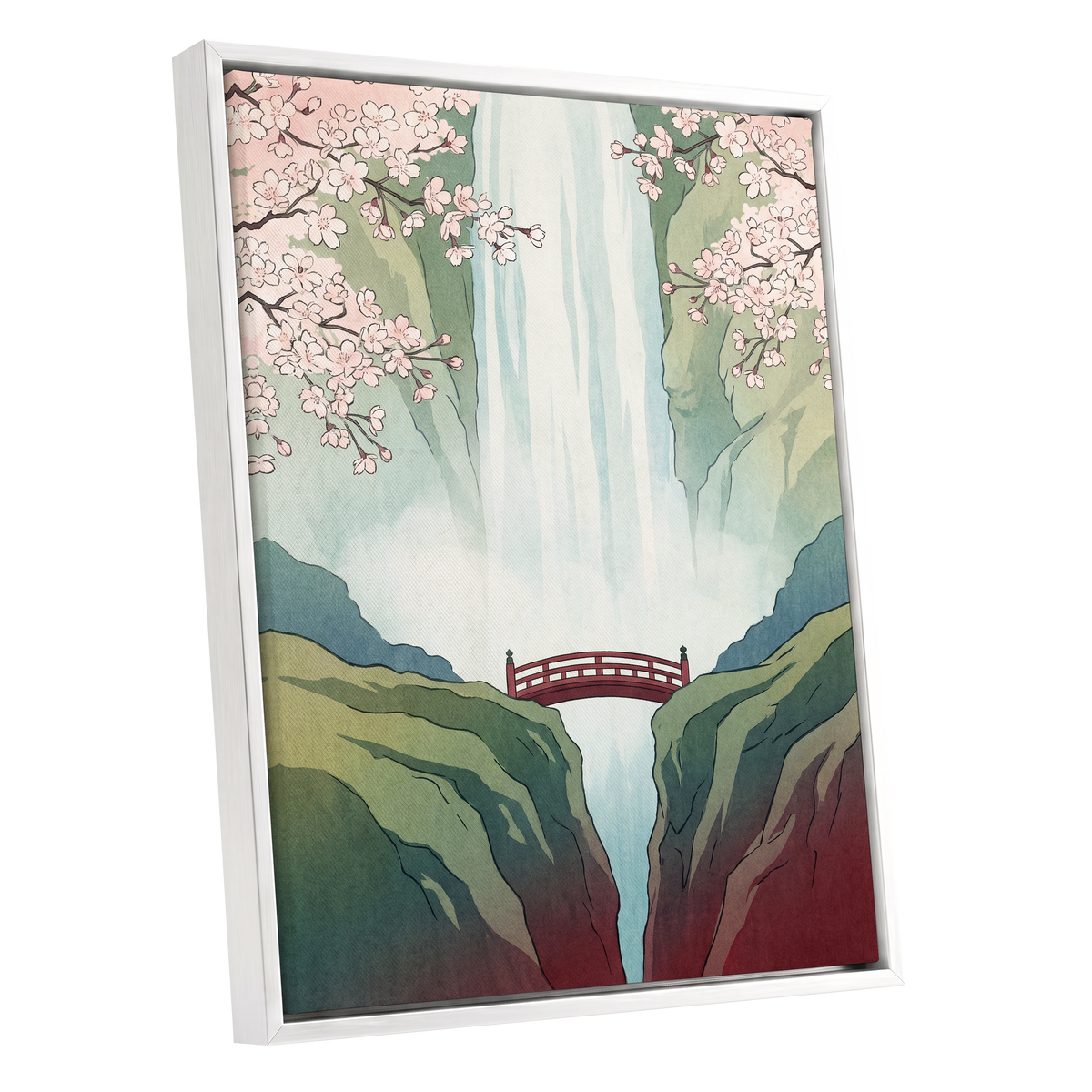 Blossomfall Bridge, green, blue, pink nature wall art shown as a white framed canvas wall art