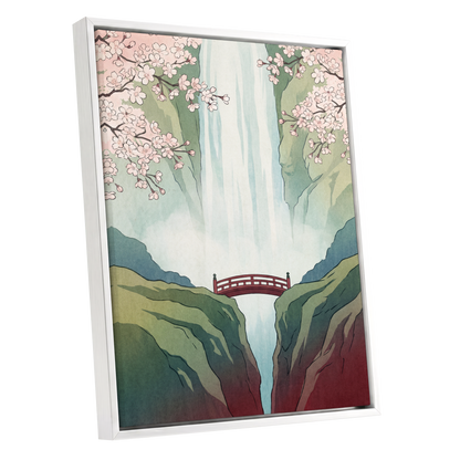 Blossomfall Bridge, green, blue, pink nature wall art shown as a white framed canvas wall art
