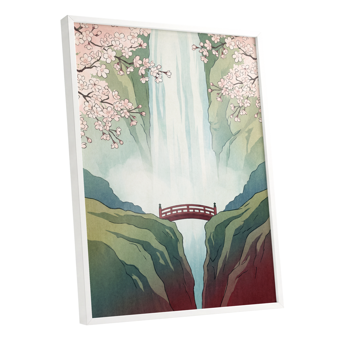 Blossomfall Bridge, green, blue, pink nature wall art shown as a white framed poster wall art print