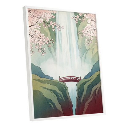 Blossomfall Bridge, green, blue, pink nature wall art shown as a white framed poster wall art print