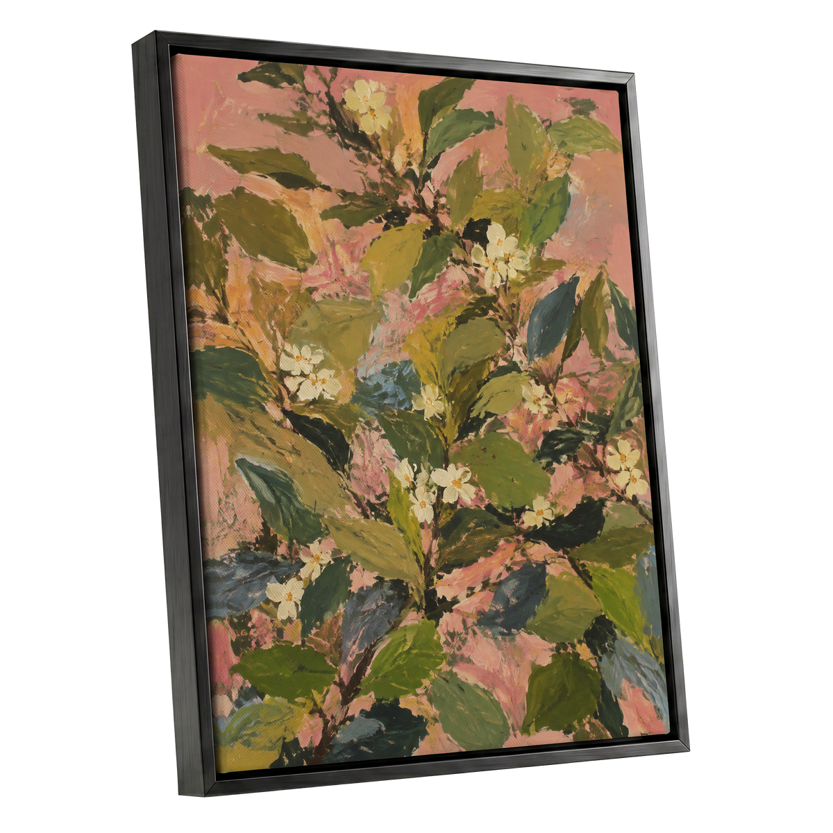 Blossoms in Blush, green, pink, white floral wall art shown as a black framed canvas wall art
