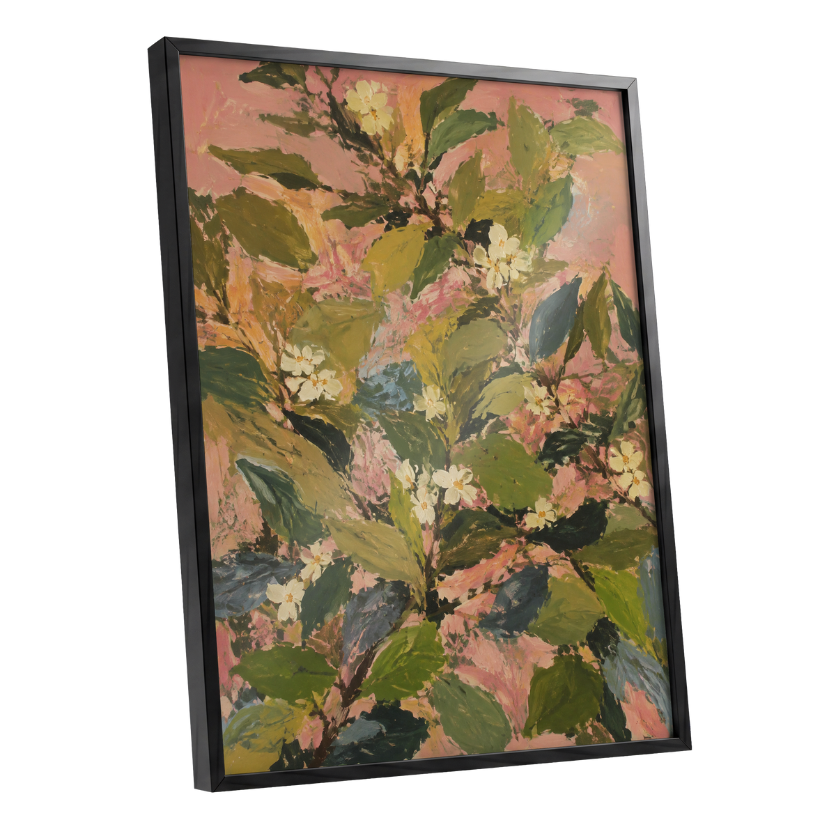 Blossoms in Blush, green, pink, white floral wall art shown as a black framed poster wall art print