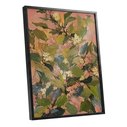 Blossoms in Blush, green, pink, white floral wall art shown as a black framed poster wall art print