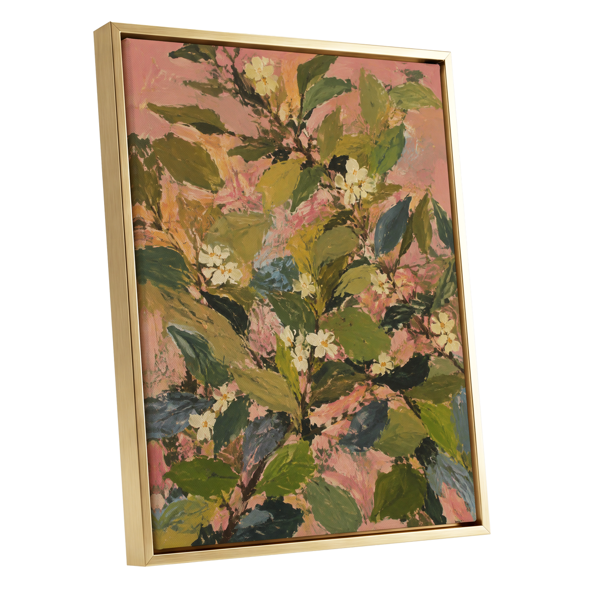 Blossoms in Blush, green, pink, white floral wall art shown as a gold framed canvas wall art