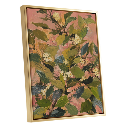 Blossoms in Blush, green, pink, white floral wall art shown as a gold framed canvas wall art