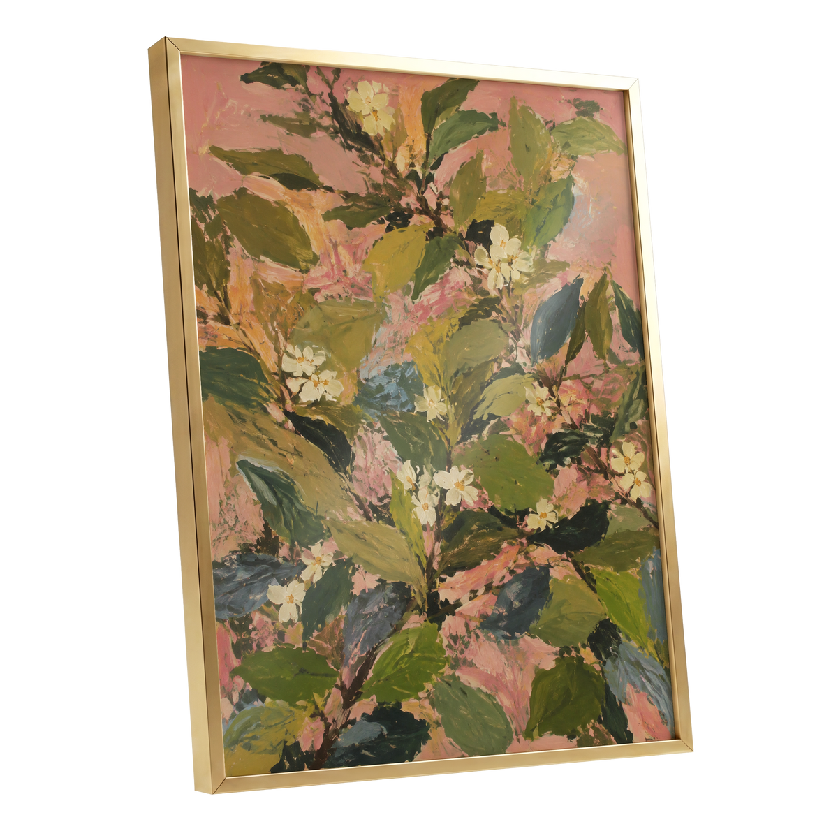 Blossoms in Blush, green, pink, white floral wall art shown as a gold framed poster wall art print