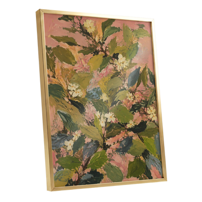 Blossoms in Blush, green, pink, white floral wall art shown as a gold framed poster wall art print