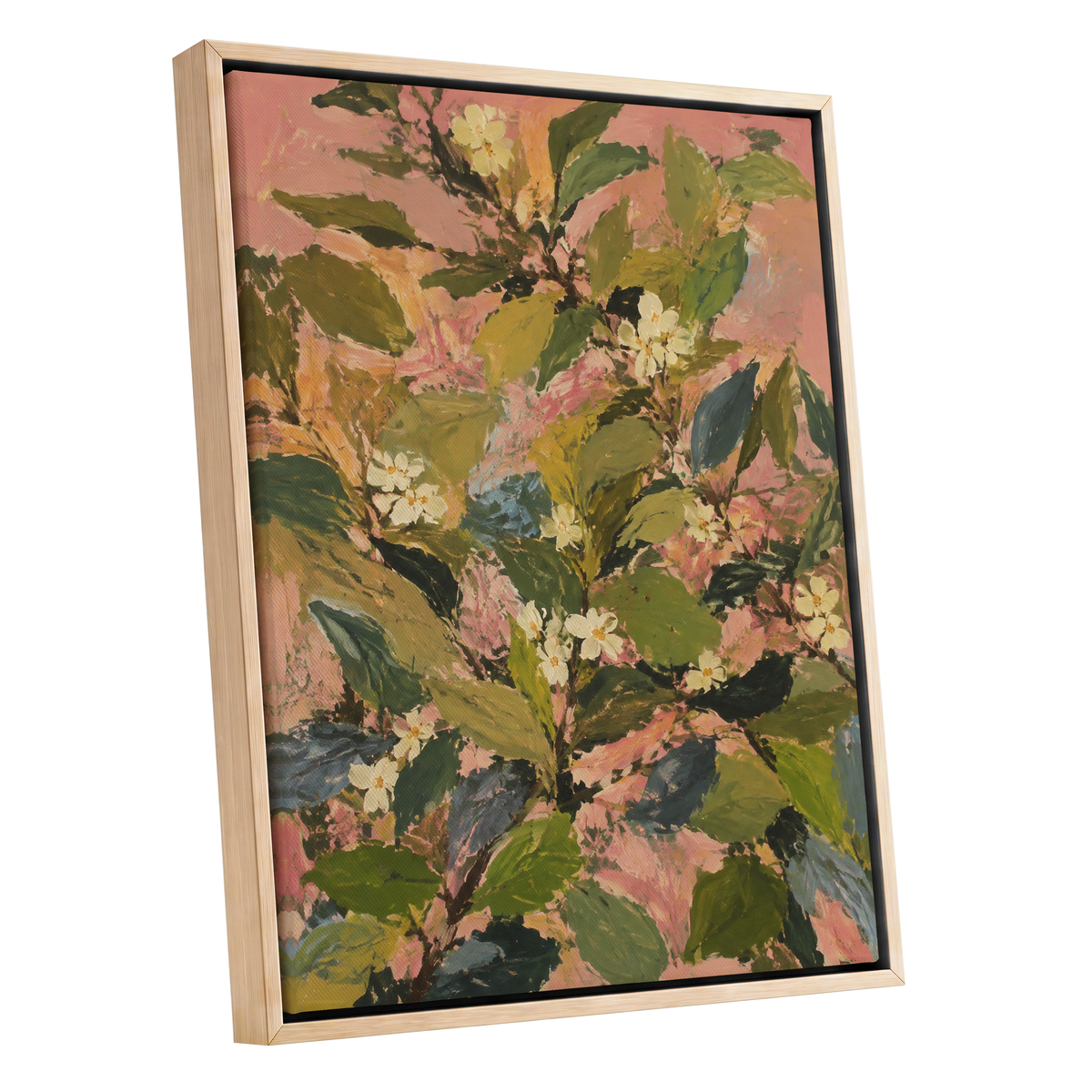 Blossoms in Blush, green, pink, white floral wall art shown as a oak framed canvas wall art