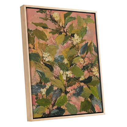 Blossoms in Blush, green, pink, white floral wall art shown as a oak framed canvas wall art