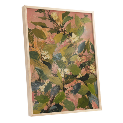 Blossoms in Blush, green, pink, white floral wall art shown as a oak framed poster wall art print
