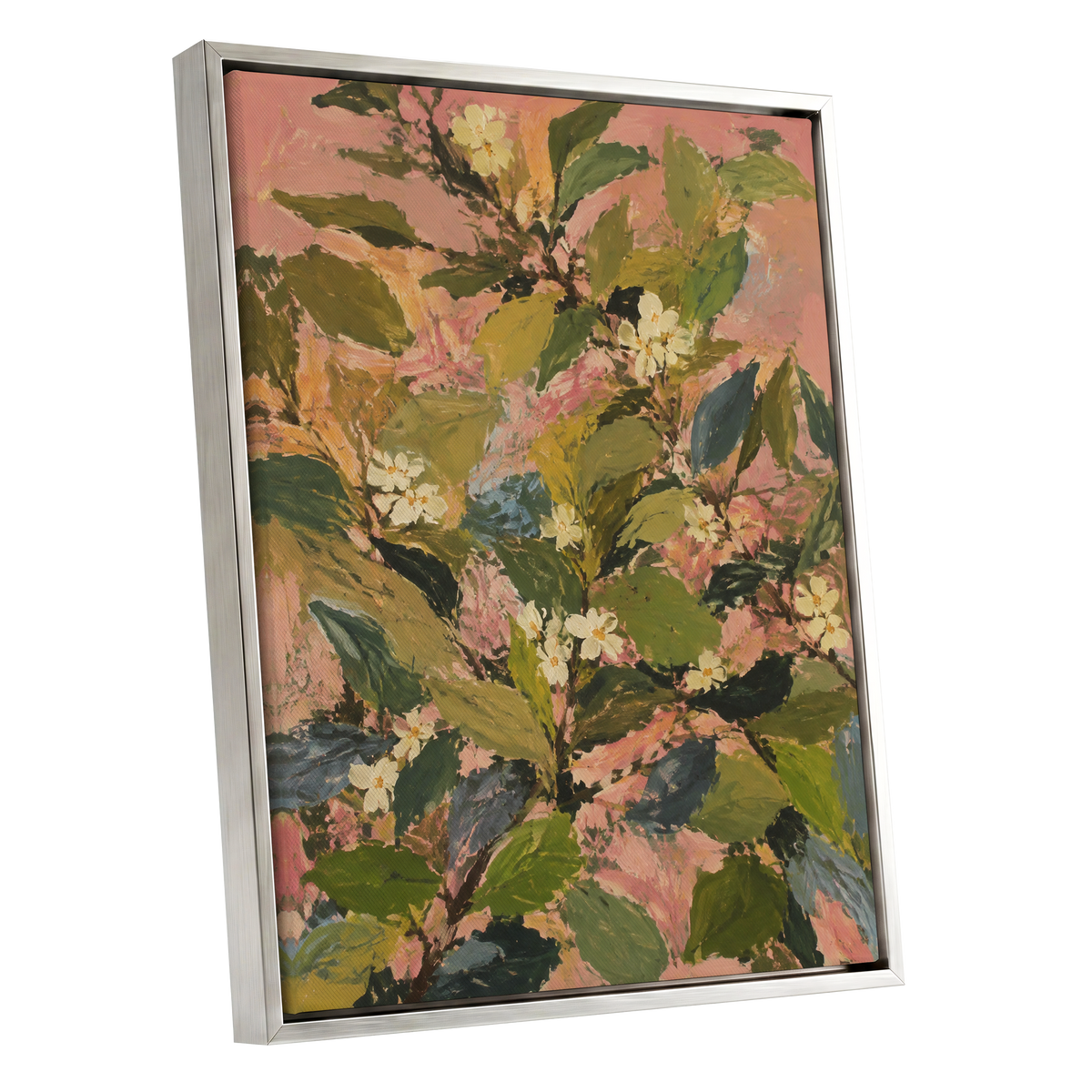 Blossoms in Blush, green, pink, white floral wall art shown as a silver framed canvas wall art