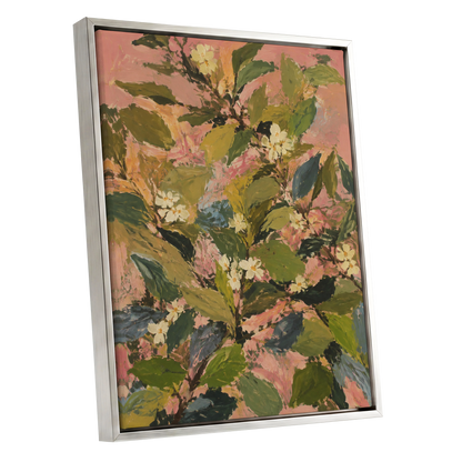 Blossoms in Blush, green, pink, white floral wall art shown as a silver framed canvas wall art