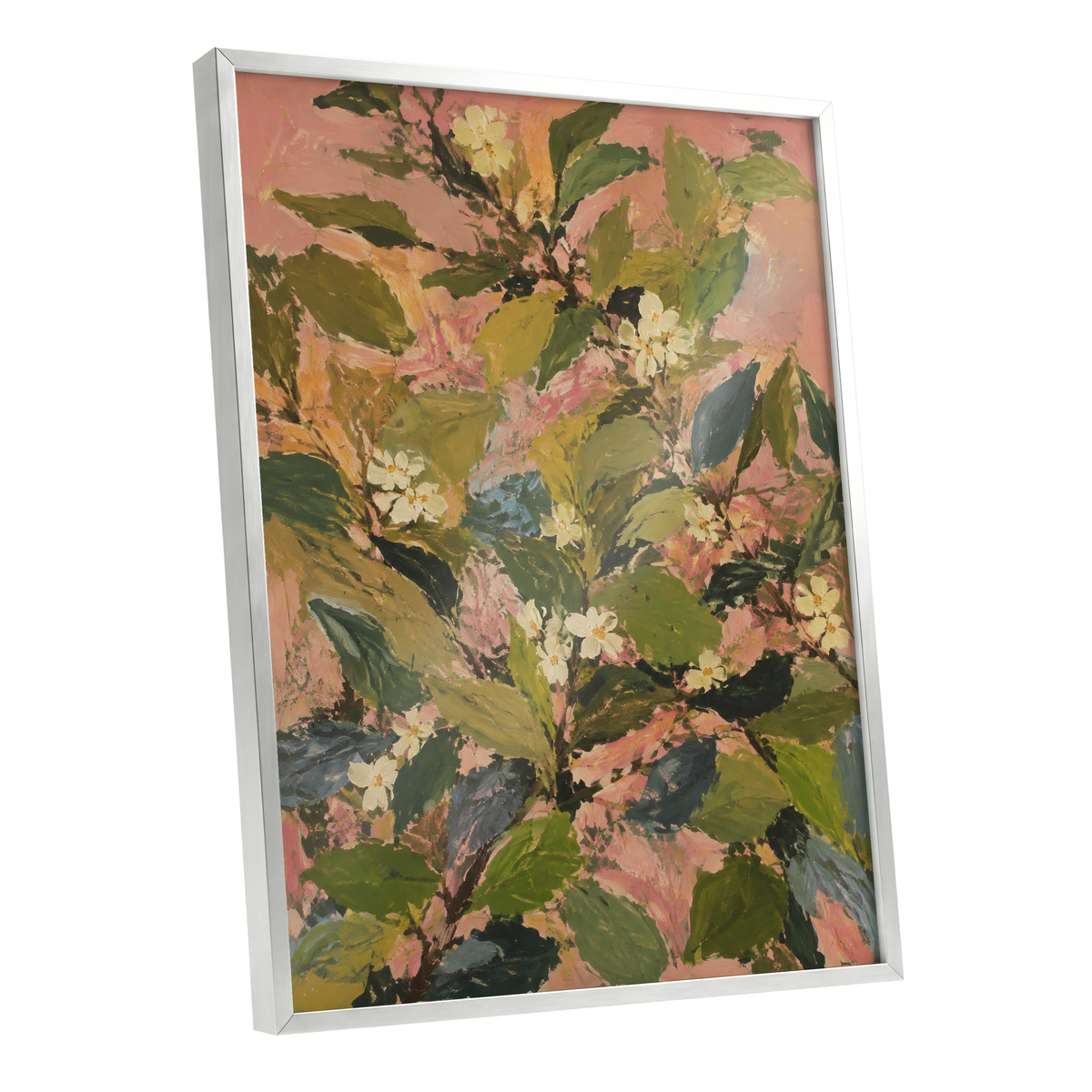 Blossoms in Blush, green, pink, white floral wall art shown as a silver framed poster wall art print