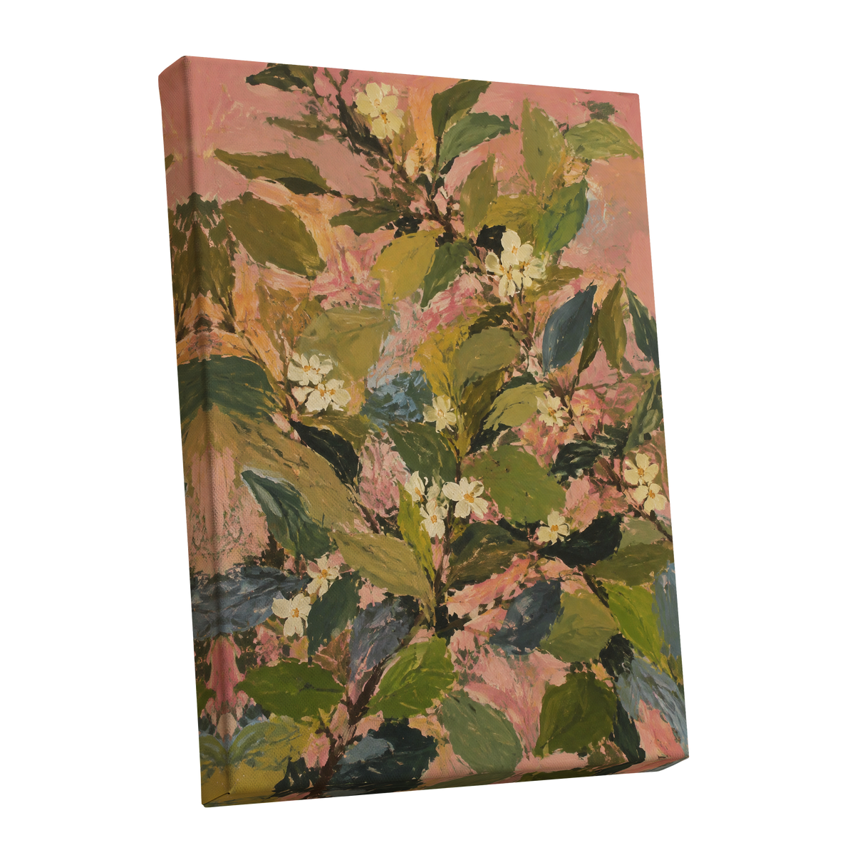 Blossoms in Blush, green, pink, white floral wall art shown as a stretched canvas wall art