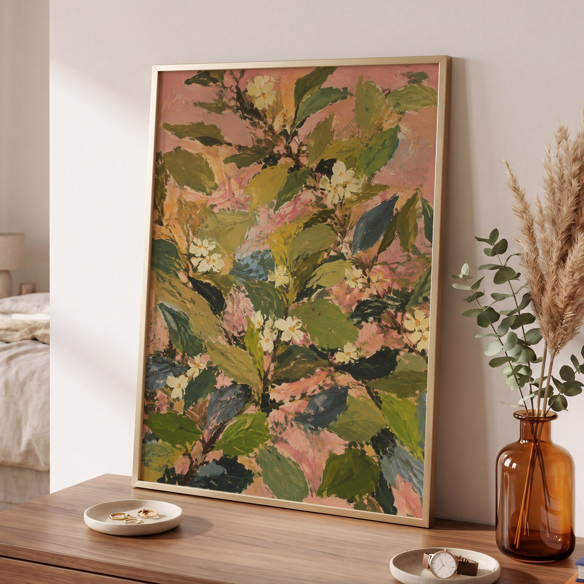 Blossoms in Blush, green, pink, white floral wall art displayed in a styled interior, gallery view 2