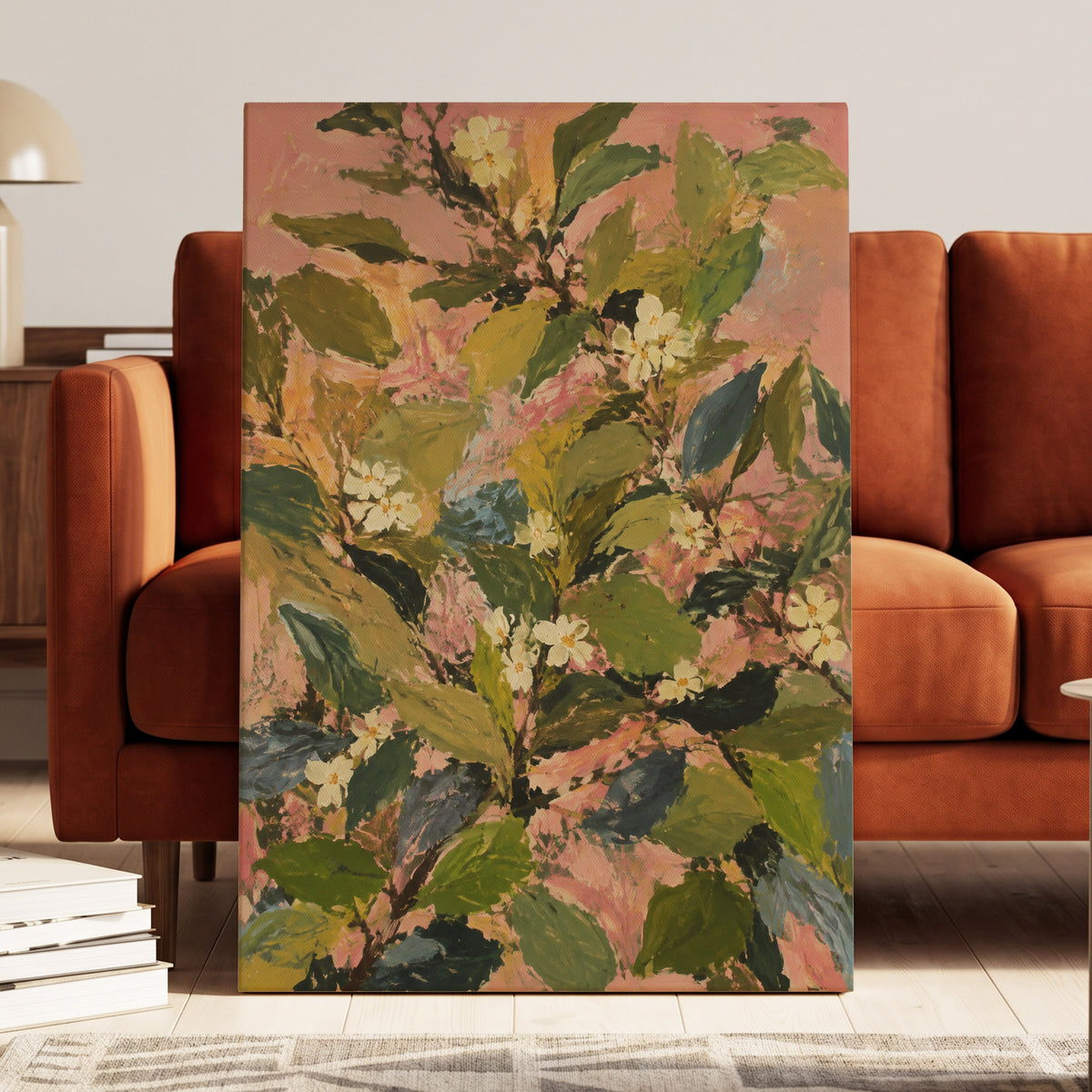 Blossoms in Blush, green, pink, white floral wall art displayed in a styled interior, gallery view 3
