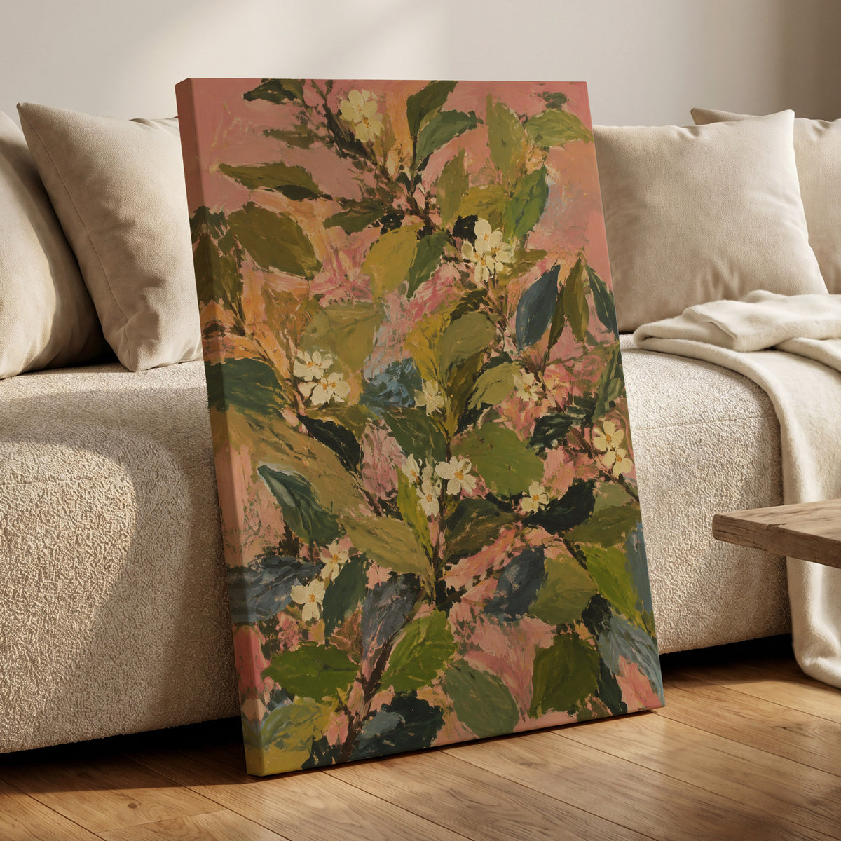Blossoms in Blush, green, pink, white floral wall art displayed in a styled interior, gallery view 7